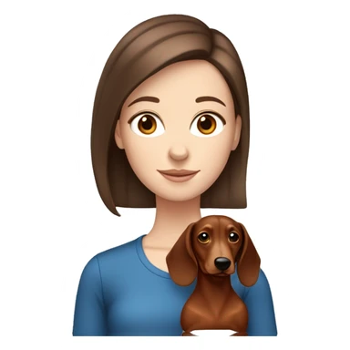White girl with straight brown hair and blue eyes holding a red dachshund  sticker