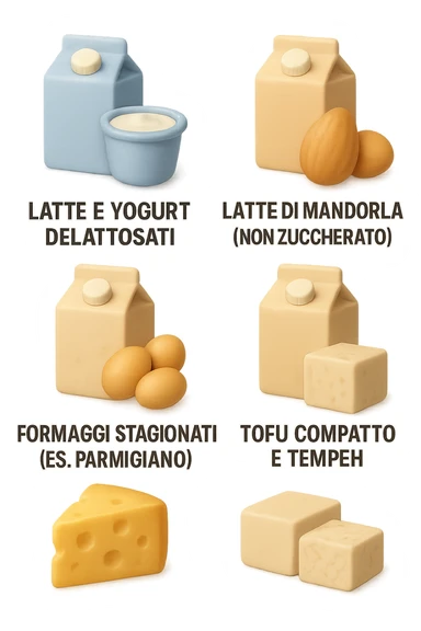 emoji stile iphone 3d di questi elementi che fluttuano in aria:

Latte e yogurt delattosati
Latte di mandorla (non zuccherato)
Latte di soia da proteine isolate
Formaggi stagionati (es. parmigiano)
Tofu compatto e tempeh
 che fluttuano in aria,  le etichette scrivile in italiano, iperealistico 4k sticker