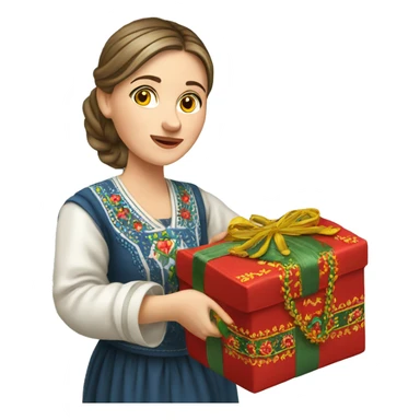 A female teacher in Ukrainian embroidery holds a gift in her hand sticker