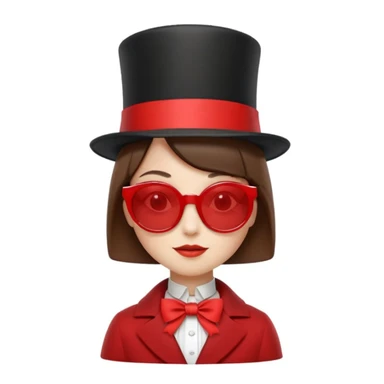 3D apple-style emoji of a whimsical character inspired by the uploaded photo, simplified shapes, cartoon-like look, glossy finish, soft shadows, white background, tall top hat with ribbon, large round white sunglasses, short brown bob haircut, elegant collar, red coat, playful and iconic sticker