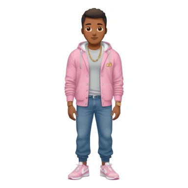 Handsome Black guy with brown skin tone, with muscular build, wearing baggy dark denim jeans, a white t-shirt, pink and gray fuzzy cardigan, white Nike sneakers, a gold watch, and a dainty chain sticker