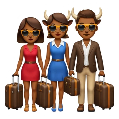 generate an emoji of a group of up to 8 male and female bulls travelling together on holidays. Include sunglasses and suitcases sticker