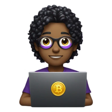 A Boy with purple and black hair black full tshirt with glossy gogle siting with laptop and crypto coin  sticker