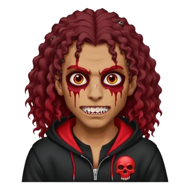 Vampire wearing black hoodie with a skull logo on it, long curly hair, brown skin, fanged teeth, blood under eye sockets/forehead, piercings on eyebrows and long curly hair with a patch (section) of red sticker