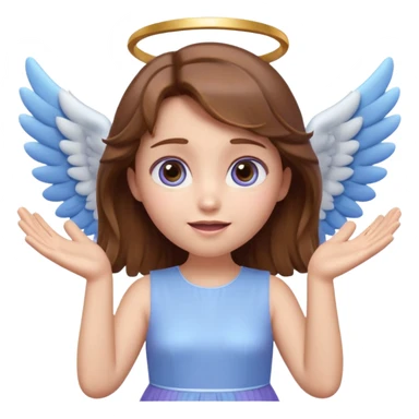 Cute 3D angel emoji, brown hair, glowing halo, small blue-white wings, pastel purple dress, hands raised, big expressive eyes, soft lighting, glossy texture, Pixar style, high detail sticker
