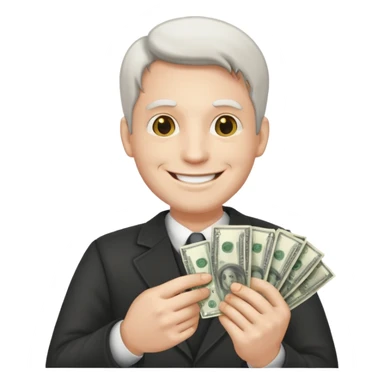 Make an emoji of a photorealistic adult man holding money in his hands. He has a smile on his face. He looks like an adult. the skin should be white. 4 options sticker
