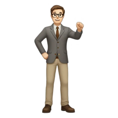 To belt Actively gesturing with hands Pale skinned fit man teacher with dark brown hair in gray jacket, beige office shirt, brown tie, brown pants and vintage glasses. sticker