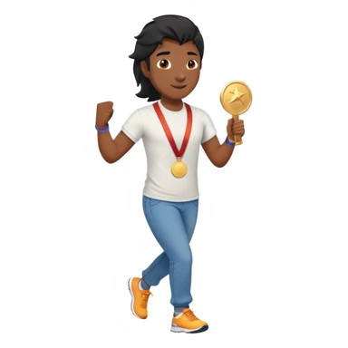 friendly anthropomorphised black stallion in jeans and a t-shirt, jogging upright in relaxed pose, holding a medal sticker