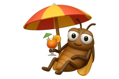 EMOJI STILE IPHONE 3D DI UNA CICALA CHE STA RILASSATA SEDUTA SOTTO L'OMBRELLONE IN SPIAGGIA CON UN COCKTAIL IN MANO, FAGLI GLI OCCHI CON LA PARTE BIANCA, NON SOLO LA PUPILLA sticker