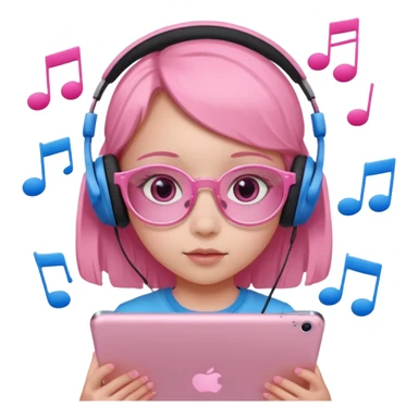 Little girl with headphones when pink eyes and pink iPad and pink dreamy background and rose colored glasses and blue music notes around her sticker