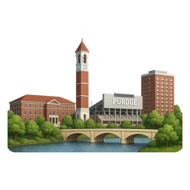 Make the buildings in the West Lafayette, Indiana emoji more realistic with lifelike architectural detail and accurate proportions. Keep the straight-on angle and wide city view including the Purdue University campus, Purdue Bell Tower, Ross-Ade Stadium, and Wabash River. Use accurate colors and bright daytime lighting. The background should be fully transparent with no sky, no clouds, and no city name label. Maintain the style consistent with previous realistic city emojis. sticker