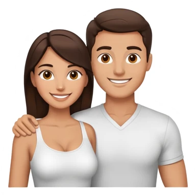 Attractive brunette man and woman with tan skin from chest up, smiling at camera sticker