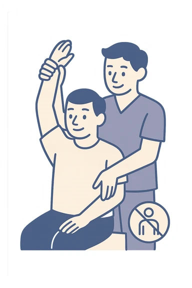 vertical illustration of a person doing passive arm stretching with a physiotherapist, with a symbol indicating not recommended for postural asymmetry, educational style, no background sticker