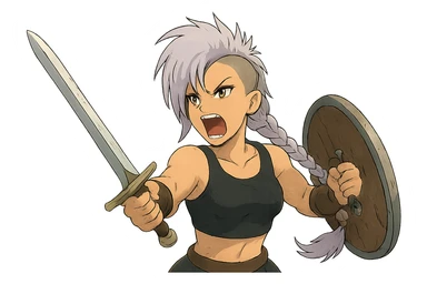 A sword maiden, mohawk, long braid white hair with lavender and tips long messy bangs one side, gold yellow eyes, black crop top, brandishing an arming sword and a shield, roaring! rah! sticker