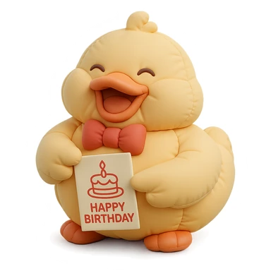 laughing duck with bowtie holding birthday card, flawless and visually perfect, no imperfections, cushion style sticker
