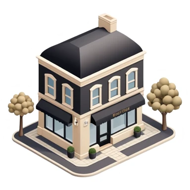 Isometric exterior little black, beige, and white clothing boutique, dollhouse style 3D realistic  sticker