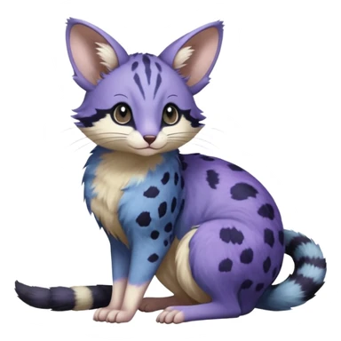 Indigo, violet-pointed, purple-patterned, soft realistic romantic vintage antique divine beautiful elegant pretty precious cute young youthful  Fakémon-Pokémon-opossum-feline-mouse-serval-caracal-chinchilla-Minccino-Cinccino-Meowstic-rodent-hybrid-creature with a tufted tail (full body) sticker