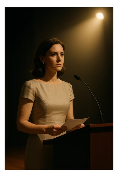 a female speaker at an event standing at a podium, formal setting, spotlight on the speaker, elegant dress, holding notes sticker