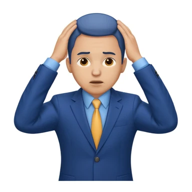 businessman in a blue suit, stressed expression, holding head, neutral background sticker