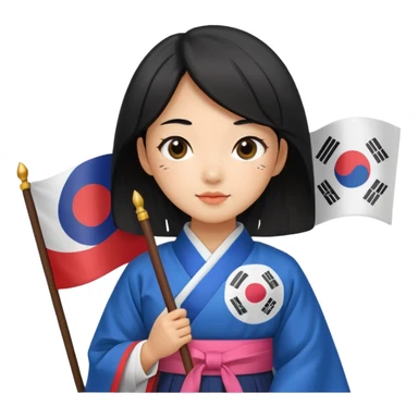 black hair girl with hanbok holding south korea flag sticker