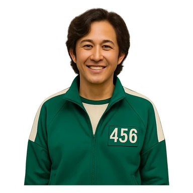 Edit the main character from Squid Game series wearing a green tracksuit with number 456, smiling in a neutral pose. Keep the original style and minimal background. Remove the background entirely. sticker