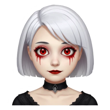 female, unnatural eye color with veiny eyes, sickly skin texture combined with an unnatural creepy smile, liminal setting that feels wrong, uncanny eerie art style, scary femme fatale, bob cut, mole under eye, white hair, red iris, black mascara, black eyeshadow, Gothic white skin, sticker