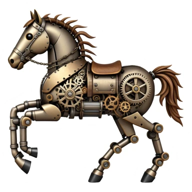 Horse made of visible mechanical parts with gears, cogs, wires, and rope components, steampunk style sticker