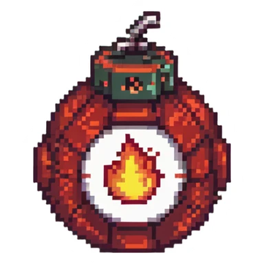 Red digital bomb with flame-shaped fuse on top, round bomb body with red highlights and details, pixel art style sticker