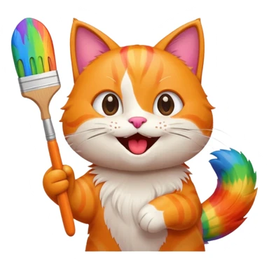 happy cat with a huge rainbow paintbrush, joyful expression, emoji style sticker