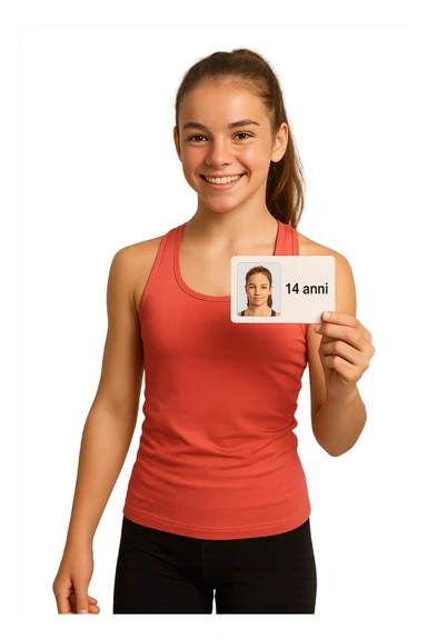 donna fitness di 14 anni, con in mano un documento di identità con la sua foto e la scritta 14 anni sticker