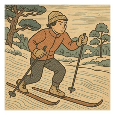 ukiyo-e style icon of a cross-country skier, serene winter scene, expressive lines, Japanese art influence sticker