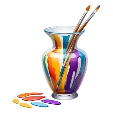 Glass painting icon, colorful brushstrokes on a glass vase, intricate painted patterns on the surface, visible fine paintbrush and palette beside it, no liquid inside the vase, minimalistic style, clean lines, transparent background. sticker