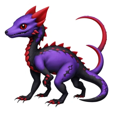 Rare realistic exotic edgy dark gothic gloomy spooky black and red/purple epic pretty beautiful handsome gorgeous aesthetic colorful vibrant Vernid-Trico-species-Fakemon-Salandit-hybrid-creature by LiLaiRa, 4 legs, 1 tail, random markings, (full body) sticker