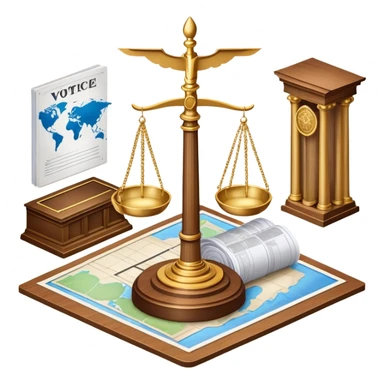 An icon featuring a ballot box with a voting paper, a government building with columns, and a scale of justice, symbolizing political science. The design includes a world map in the background, representing global political systems. Transparent background highlights governance and civic studies. sticker