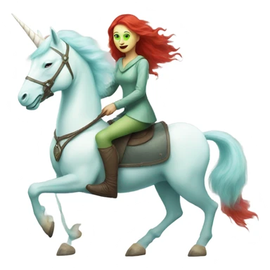 [politically incorrect
	{ woman: alien, color: light green, hair:red, eyes:cat} ]
	on a 
	[{ unicorn: white, legged:four, mane: light blue }] sticker