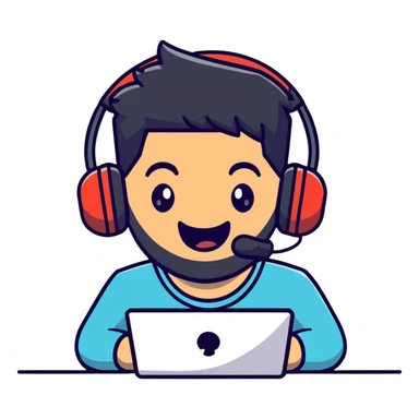 anime style laughing man with black hair, brown eyes, black beard wearing gaming headset sticker