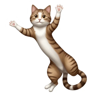 dark brown tabby and white cat with doing a big extremely long stretch reaching up into the air with arms and legs side by side together straight and overextended whilst lying on its side sticker