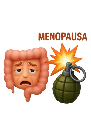 EMOJI STILE IPHONE 3D DI INTESTINO ANZIANO CON RUGHE SFINITO CON ESPRESSIONE STANCA, ACCANTO A LUI SCOPPIA UNA GRANATA 3D CON LA SCRITTA "MENOPAUSA" SOPRA sticker
