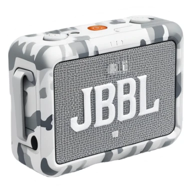 JBL Go 4 in arctic snow camouflage, white and gray pattern, minimal design, portable speaker, clean aesthetic sticker