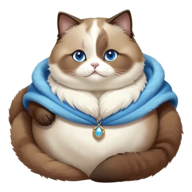 Cinematic Cute Chubby Brown Mantle Snowshoe Cat Portrait Emoji, Round and plump body, soft brown fur draped over its back like a luxurious coat, contrasted by fluffy white paws, chest, and an adorably chubby face, big, sparkling icy-blue eyes, Simplified yet irresistibly adorable features, highly detailed, glowing with a warm, cozy glow, high shine, curious yet calm, stylized with a touch of whimsy, bright and endearing, soft glowing outline, capturing the essence of a mischievous yet lazy and lovable kitty, so cuddly it feels like it could waddle right out of the screen for a snuggle! sticker