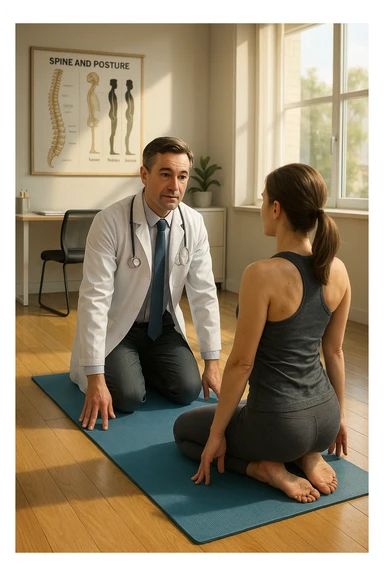 A realistic, cinematic illustration of a professional doctor in a white coat inside a bright, modern medical office, demonstrating a simple stretching exercise to a patient for improving posture. The doctor, calm and encouraging, shows a gentle spinal extension stretch while explaining its benefits for posture and spinal health, with an anatomical poster of the spine and posture alignment in the background. The scene includes a yoga mat, clean wooden floors, and natural light streaming through large windows, creating a warm, health-focused atmosphere. The patient, in comfortable activewear, watches and mirrors the stretch, emphasizing the preventive and therapeutic role of stretching for posture correction under medical guidanc sticker