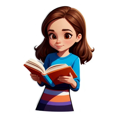 brown haired girl, light colored skin, reading a book. sticker