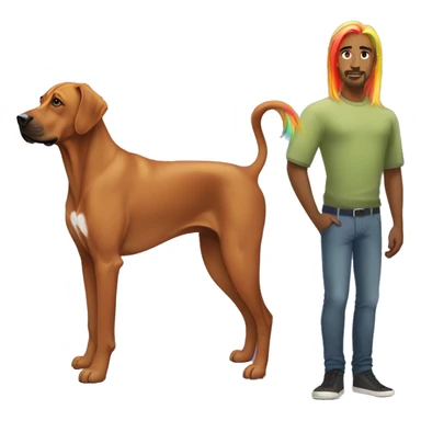 white male with long rainbow colored hair standing alongside a brown rhodesian ridgeback sticker