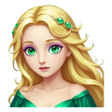 Cinematic Stunning Rapunzel Portrait Emoji, Golden hair cascading in a luminous waterfall, big emerald-green eyes full of wonder, wearing her iconic purple gown, radiating beauty and magic, glowing with fairy-tale charm! sticker