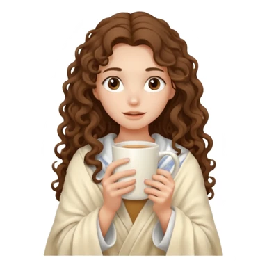 a slender girl with fair skin with long curly brown hair her shoulders are covered with a cream blanket in her hands a white mug her face is calm sticker