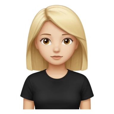 girl with blonde straight hair, brown eyes, wearing black t-shirt sticker