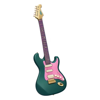 minimalist electric guitar in dark green with pink and blue stripe decal, closed inside a black rectangular hard case with gold latches, flat semi-3D style, soft matte textures, simplified details, stylized decal accent sticker