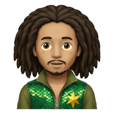 Bob Marley with long dark brown hair, olive sequin outfit sticker