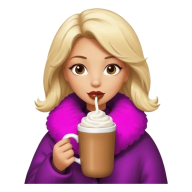 Tanned Girl with lashes , blonde hair, in an extremely big fluffy oversized coat and hold hot chocolate drink and vertically short eyes , big lip sticker