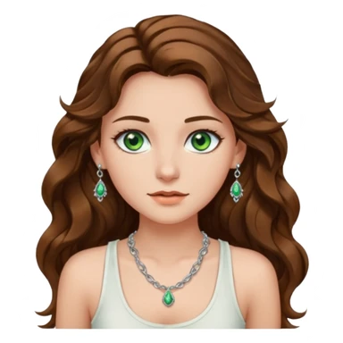 A girl with long brown wavy  hair, green eyes, and a white tank top; she doesn't have bangs. she wear a lot of silver jewerly  sticker